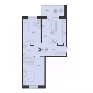 2-к кв. Тюменская область, Тюмень Горизонт жилой комплекс (62.56 м)