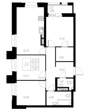 3-к кв. Татарстан, Казань Статный жилой комплекс, 2 (73.83 м)