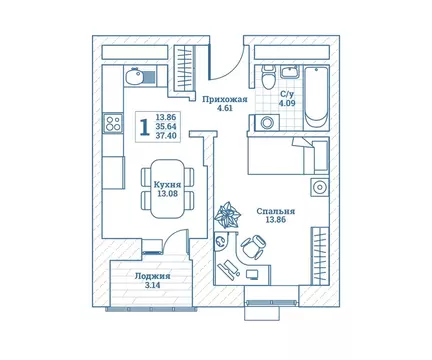 1-комнатная квартира: Монино, улица Генерала Ковачевича, 8к1 (37.7 м)