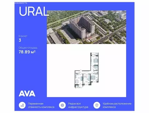 3-комнатная квартира: Краснодар, Уральская улица, 87/7 (78.89 м)