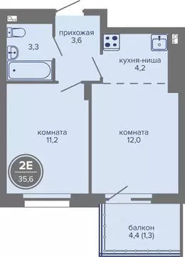 2-к кв. Пермский край, Пермь ш. Космонавтов, 309Ак1 (35.6 м)