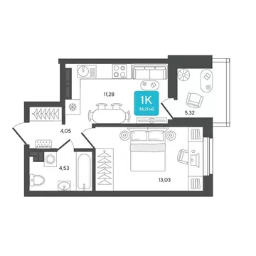 1-комнатная квартира: Дербыши, жилой комплекс Дабл-Дабл (38.21 м)