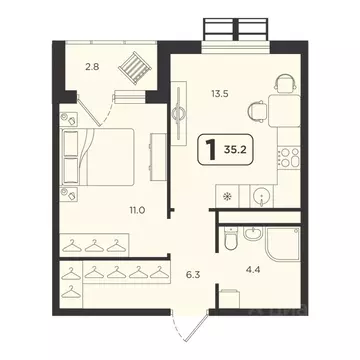 1-к кв. Тюменская область, Тюмень  (35.2 м)