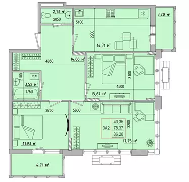 3-к кв. Белгородская область, Белгород Славянская ул. (86.28 м)
