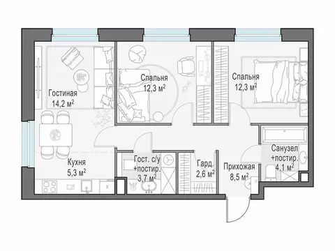 2-комнатная квартира: Мытищи, жилой комплекс Белый Grad, 12.2 (63 м)