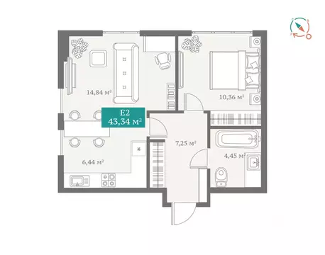 2-к кв. Тюменская область, Тюмень ул. Алматинская, 10 (43.34 м)