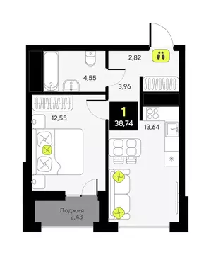 1-комнатная квартира: Тюмень, улица Андрея Приказнова, 1 (36.9 м)