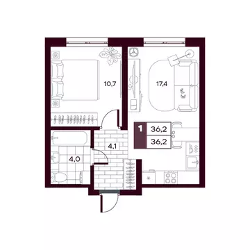 1-комнатная квартира: Дударева, ЖК Макс (36.15 м)