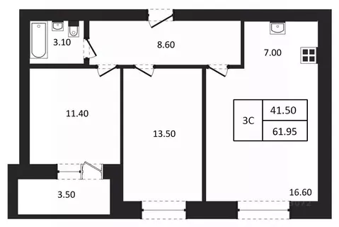 3-к кв. Новосибирская область, Новосибирск  (61.95 м)