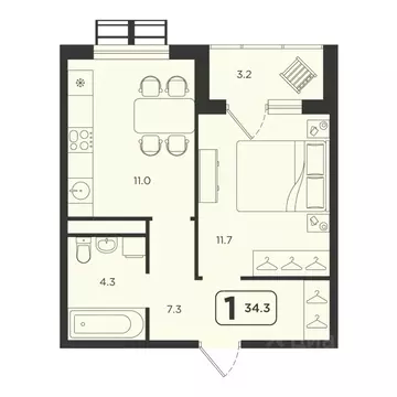 1-к кв. Тюменская область, Тюмень  (34.3 м)