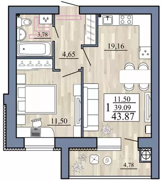 1-к кв. Рязанская область, Рыбное  (43.87 м)