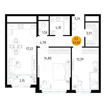 2-к кв. Рязанская область, Рязань ул. Земнухова (63.65 м)