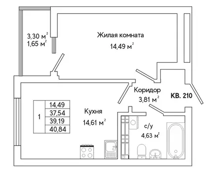 1-к кв. Свердловская область, Екатеринбург ул. Яскина, 14/3 (39.0 м)