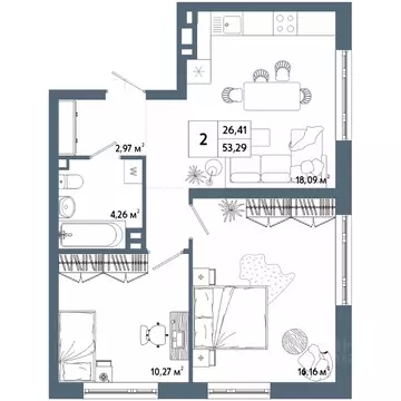 2-к кв. Башкортостан, Уфа 42-й кв-л,  (53.29 м)