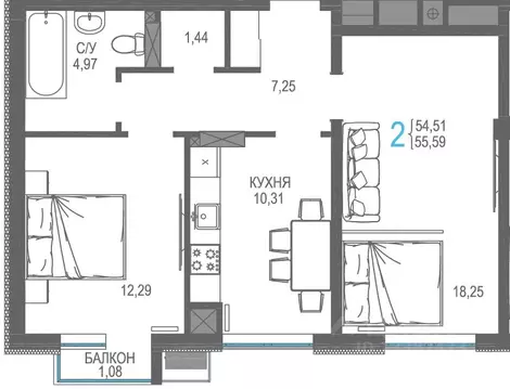 2-к кв. Крым, Симферопольский район, Гвардейское пгт, Республика жилой ...
