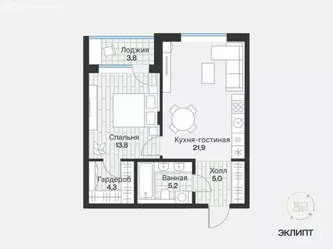 1-комнатная квартира: Тюмень, улица Игоря Комиссарова, 4 (51.99 м)