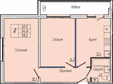 2-к кв. Кемеровская область, Кемерово просп. Притомский, 30Б (58.5 м)