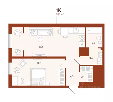2-к кв. Тюменская область, Тюмень ул. Новаторов, 30 (53.1 м)