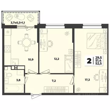 2-к кв. Краснодарский край, Краснодар  (52.5 м)