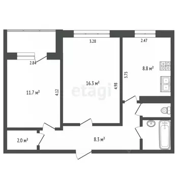 2-к кв. Татарстан, Набережные Челны 52-й комплекс, 13 (52.9 м)