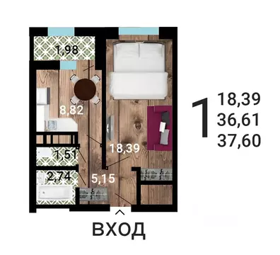 1-к кв. Воронежская область, Воронеж ул. Летчика Демьянова, 1 (39.09 ...