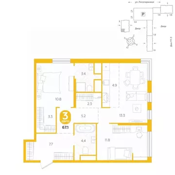 3-к кв. Тюменская область, Тюмень ул. Лесопарковая, 20 (67.1 м)