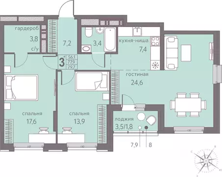 Студия Пермский край, Пермь ул. Серебристая, 5 (79.7 м)