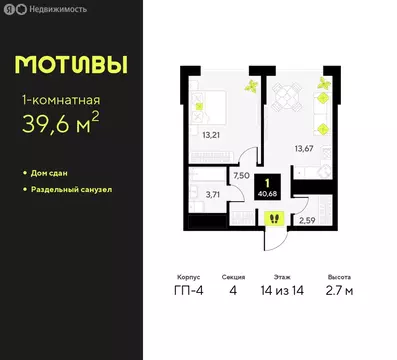 1-комнатная квартира: Тюмень, улица Андрея Приказнова, 1 (39.6 м)
