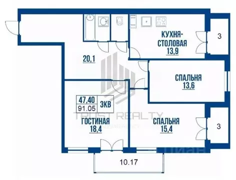 3-к кв. Санкт-Петербург Днепропетровская ул., 7 (91.05 м)