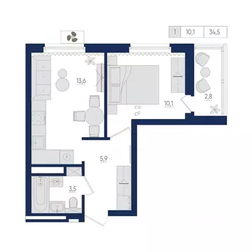 1-к кв. Башкортостан, Уфа Дема жилрайон, Экогород Яркий мкр,  (34.5 м)