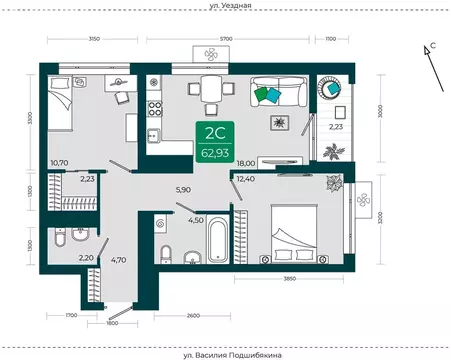 2-комнатная квартира: Тюмень, улица Василия Подшибякина, 9 (63.03 м)