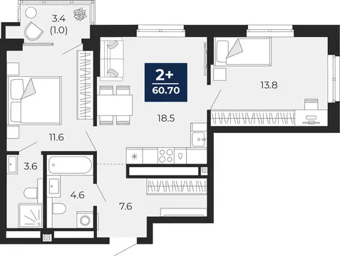 2-комнатная квартира: Тюмень, проезд Капитана Куликова, 5 (63.1 м)
