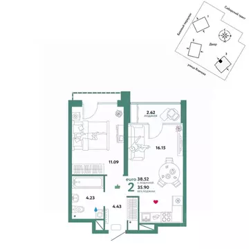 2-к кв. Свердловская область, Екатеринбург тракт Сибирский, 24Д (38.52 ...