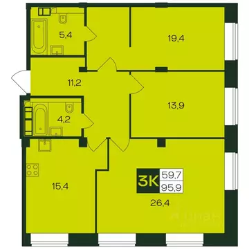 3-к кв. Чувашия, Чебоксары просп. Чебоксарский (95.9 м)