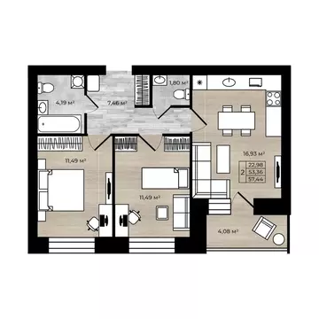 2-к кв. Ярославская область, Ярославль Тормозное ш. (57.44 м)