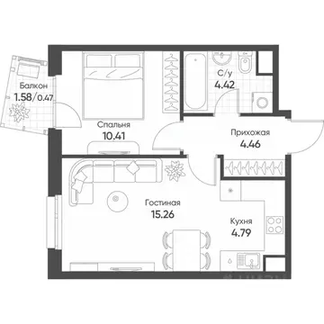 2-к кв. Татарстан, Казань Счастье в Казани жилой комплекс (39.8 м)