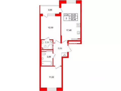 2-к кв. Санкт-Петербург Пулковское ш., 99к6 (53.61 м)