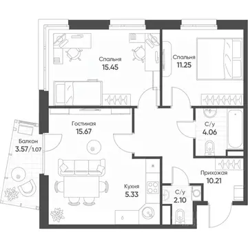 3-к кв. Татарстан, Казань Счастье в Казани жилой комплекс (65.1 м)