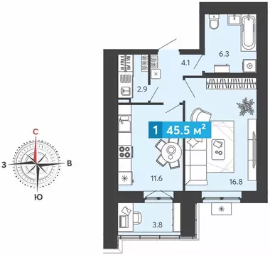 1-комнатная квартира: Засечное, микрорайон Город Спутник (45.5 м)