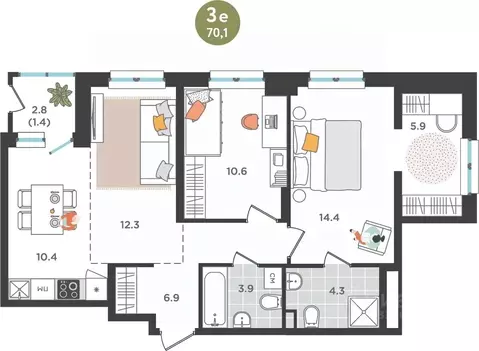 3-к кв. Пермский край, Пермь ул. Куфонина, 1 (70.1 м)