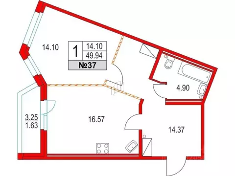 1-к кв. Санкт-Петербург Коломяжский просп., 13к2 (49.94 м)