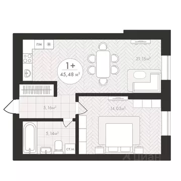 1-к кв. Башкортостан, Уфа Южный-2 мкр,  (45.48 м)