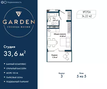 Квартира-студия: Севастополь, улица Лётчиков, 10к4 (33.6 м)