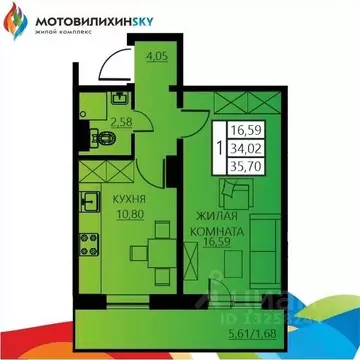 1-к кв. Пермский край, Пермь ул. Гашкова, 53к3 (35.7 м)