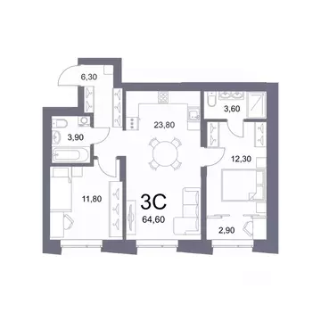 3-к кв. Новосибирская область, Новосибирск Лемонт жилой комплекс (64.6 ...