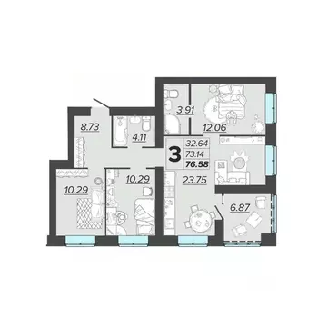 3-к кв. Брянская область, Брянск Архитектор жилой комплекс (76.58 м)