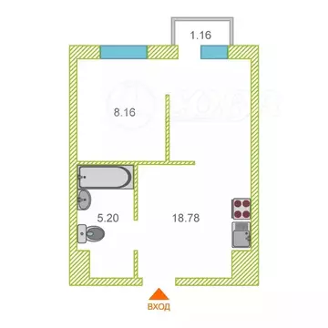 1-комнатная квартира: Тюмень, улица Геннадия Райкова, 19 (32.2 м)