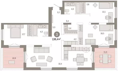 3-комнатная квартира: Тюмень, Краснооктябрьская улица, 4к2 (137.5 м)