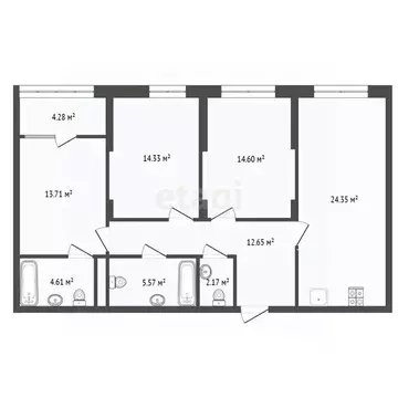 3-к кв. Тюменская область, Тюмень ул. Братьев Бондаревых, 1 (92.0 м)