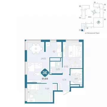 3-к кв. Тюменская область, Тюмень Сибирский жилой комплекс (61.64 м)